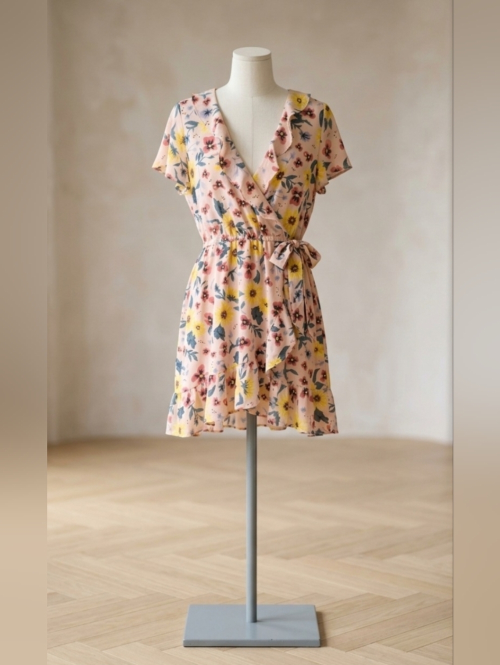 LC Lauren Conrad Pink Floral Wrap Midi Dress with Yellow Accents - Picture 2 of 10